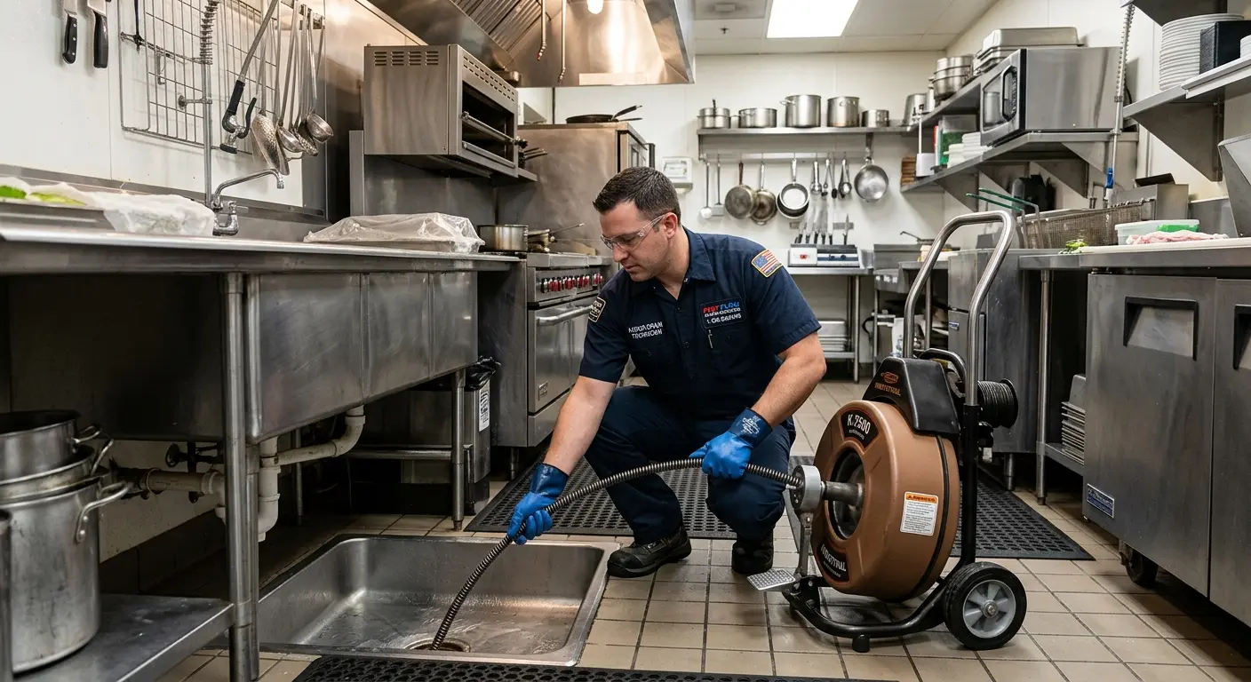 Commercial drain cleaning service in a restaurant kitchen in Villa Park