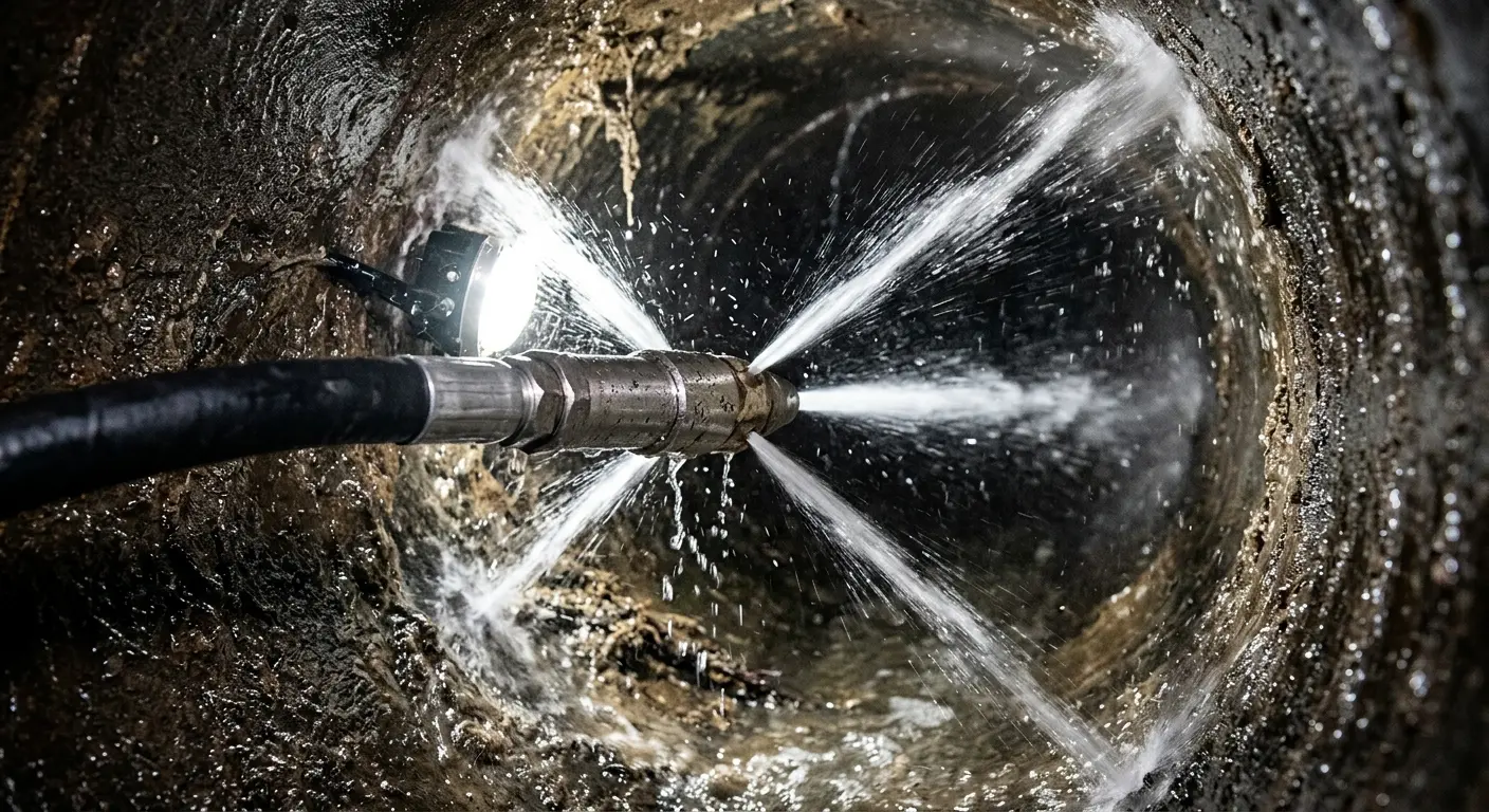 High-pressure hydro jetting nozzle cleaning sewer pipe for Trenchless Sewer Repair in Villa Park