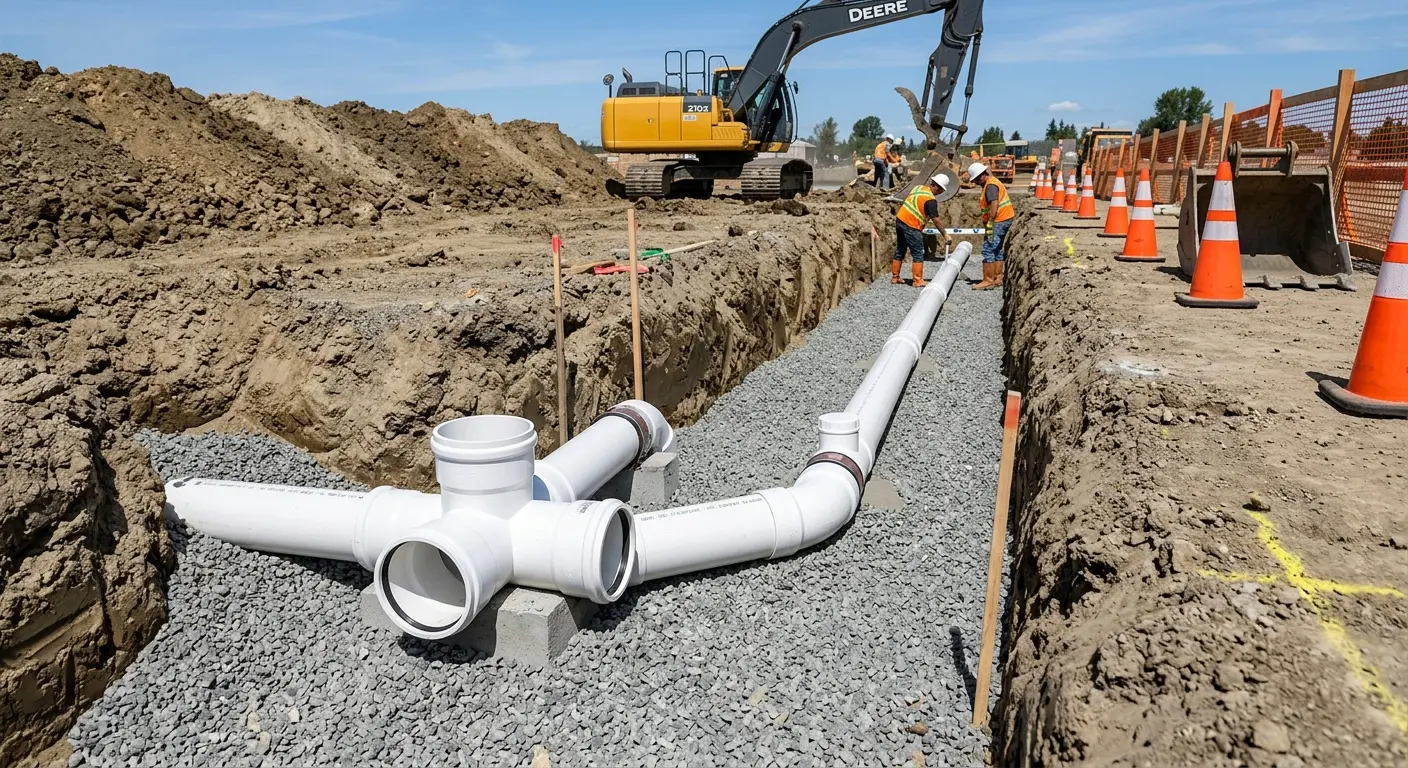 New PVC sewer pipe installation in open trench for Sewer Backup in Villa Park