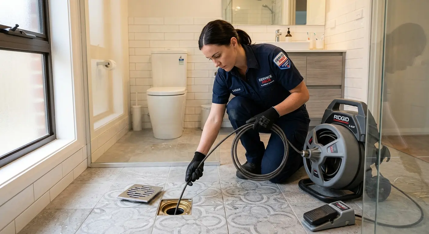 Technician clearing a bathroom floor drain for Sewer Line Installation in Villa Park